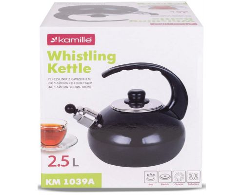 Чайник эмалированный Kamille "Boiling Water" 2.5л со свистком, черный глянец