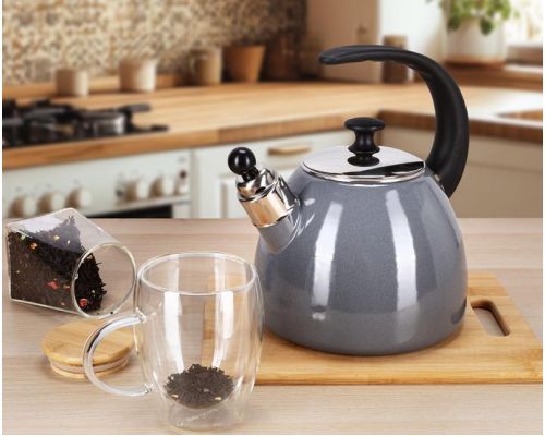 Чайник эмалированный Kamille "Boiling Water" 2.5л со свистком, индукционный, серый