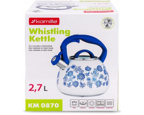 Чайник индукционный Kamille Blue Rose 2.7л из нержавеющей стали со свистком