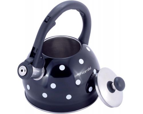 Чайник Kamille Polka Dot Kettle 2л з нержавіючої сталі зі свистком, в горошок, чорний