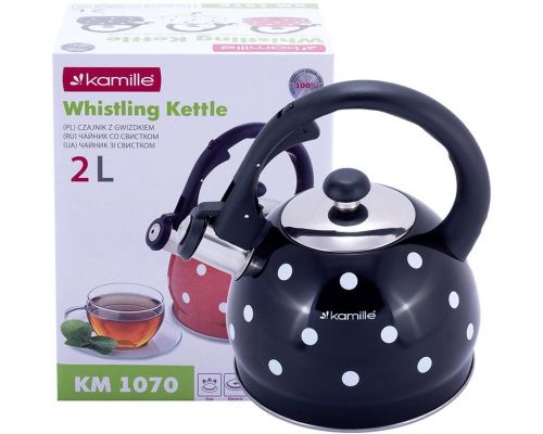 Чайник Kamille Polka Dot Kettle 2л з нержавіючої сталі зі свистком, в горошок, чорний