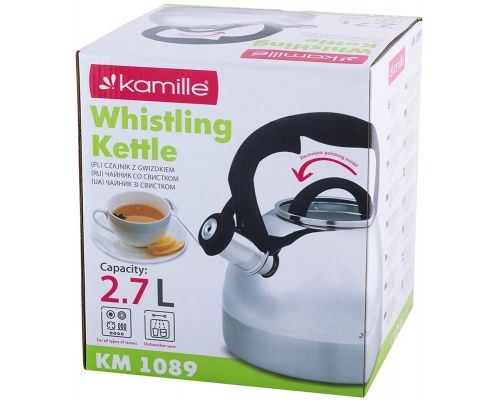 Чайник Kamille Whistling Kettle 2.7л з нержавіючої сталі зі свистком і скляною кришкою (чорна ручка)