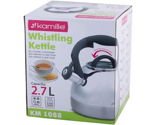 Чайник Kamille Whistling Kettle 2.7л з нержавіючої сталі зі свистком і скляною кришкою (сіра ручка)