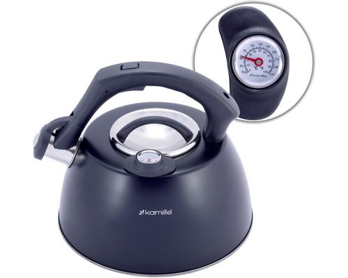 Чайник Kamille Whistling Kettle Thermo 3л из нержавеющей стали со свистком и термометром, черный Чайник Kamille Whistling Kettle Thermo 3л из нержавеющей стали со свистком и термометром, черный