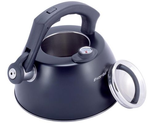 Чайник Kamille Whistling Kettle Thermo 3л из нержавеющей стали со свистком и термометром, черный Чайник Kamille Whistling Kettle Thermo 3л из нержавеющей стали со свистком и термометром, черный