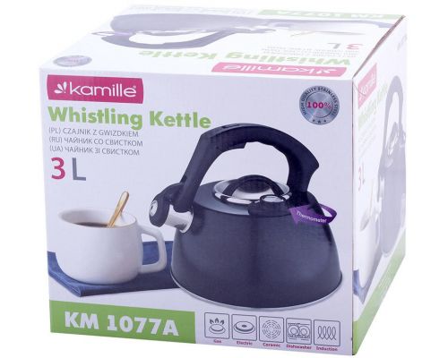Чайник Kamille Whistling Kettle Thermo 3л из нержавеющей стали со свистком и термометром, черный Чайник Kamille Whistling Kettle Thermo 3л из нержавеющей стали со свистком и термометром, черный
