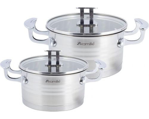 Набір 2 каструлі Kamille Casserote 1.5л і 2.4л з нержавіючої сталі зі скляними кришками