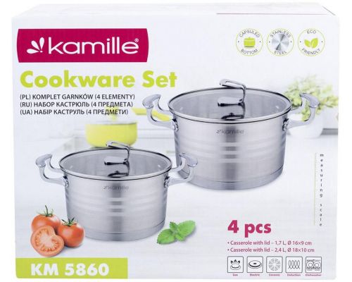 Набір 2 каструлі Kamille Casserote 1.5л і 2.4л з нержавіючої сталі зі скляними кришками