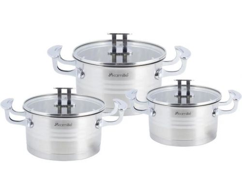 Набір 3 каструлі Kamille Casserote 1.7л, 2.4л, 3.1л з нержавіючої сталі зі скляними кришками