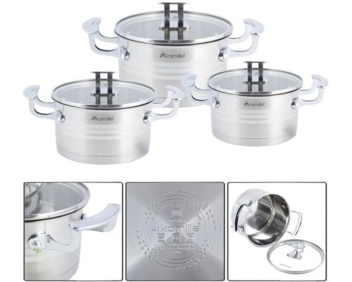 Набір 3 каструлі Kamille Casserote 1.7л, 2.4л, 3.1л з нержавіючої сталі зі скляними кришками