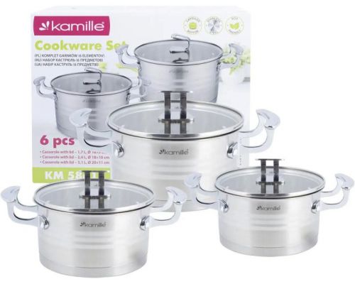 Набір 3 каструлі Kamille Casserote 1.7л, 2.4л, 3.1л з нержавіючої сталі зі скляними кришками