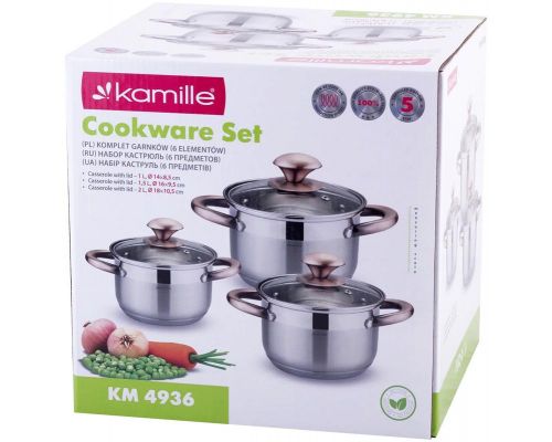 Набір 3 каструлі Kamille Catalin 1л, 1.5л, 2л з нержавіючої сталі з мірною шкалою