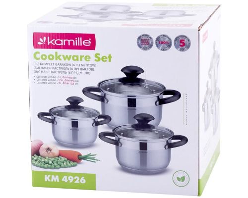 Набір 3 каструлі Kamille Groningen 1л, 1.5л, 2л з нержавіючої сталі з 5-шаровим індукційним дном Набір 3 каструлі Kamille Groningen 1л, 1.5л, 2л з нержавіючої сталі з 5-шаровим індукційним дном