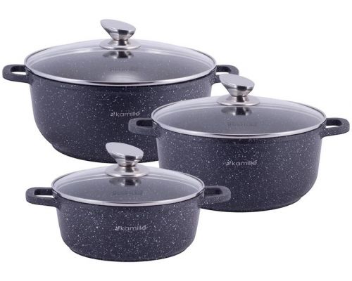 Набір 3 каструлі Kamille Landes Black 2.3л, 4.5л, 6.5л, з двома прихватками
