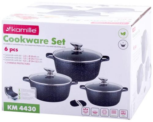 Набір 3 каструлі Kamille Landes Black 2.3л, 4.5л, 6.5л, з двома прихватками