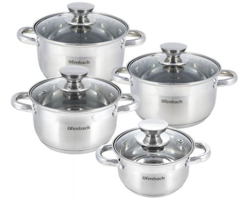 Набір 4 каструлі Ofenbach Casserole із нержавіючої сталі (1.1л, 1.7л, 2.4л, 3.4л) зі скляними кришками