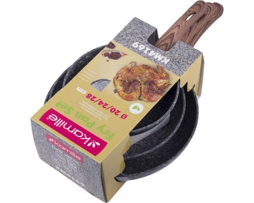 Набор 3 сковороды Kamille Grey Marble Ø20см, Ø24см, Ø28см, индукционные с антипригарным покрытием Набор 3 сковороды Kamille Grey Marble Ø20см, Ø24см, Ø28см, индукционные с антипригарным покрытием