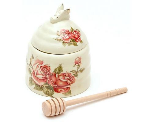 Банка для меда Cream Rose "Корейская Роза" Ø10х12.5см с деревянной ложкой-булавой Банка для меда Cream Rose "Корейская Роза" Ø10х12.5см с деревянной ложкой-булавой