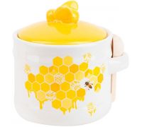 Керамическая банка-медовница с деревянной ложкой "Sweet Honey" 450мл, белая с желтым