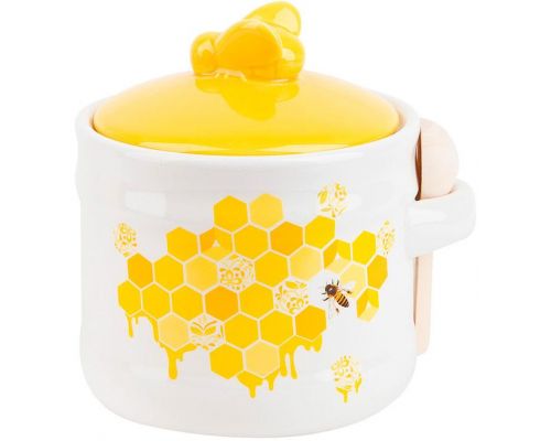 Керамическая банка-медовница с деревянной ложкой "Sweet Honey" 450мл, белая с желтым Керамическая банка-медовница с деревянной ложкой "Sweet Honey" 450мл, белая с желтым