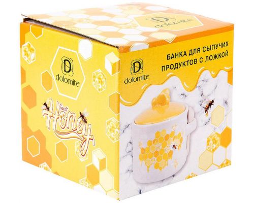 Керамическая банка-медовница с деревянной ложкой "Sweet Honey" 450мл, белая с желтым Керамическая банка-медовница с деревянной ложкой "Sweet Honey" 450мл, белая с желтым