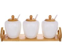 Набор 3 банки с ложками Ceram-Bamboo Grace 320мл на деревянной подставке, фарфор