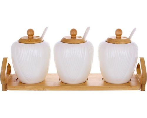 Набор 3 банки с ложками Ceram-Bamboo Grace 320мл на деревянной подставке, фарфор