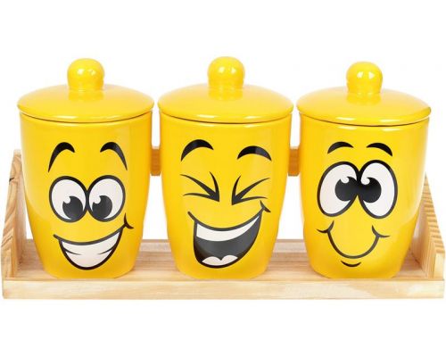 Набор банок керамических "Funny Smile" 650мл на деревянной подставке Набор банок керамических "Funny Smile" 650мл на деревянной подставке