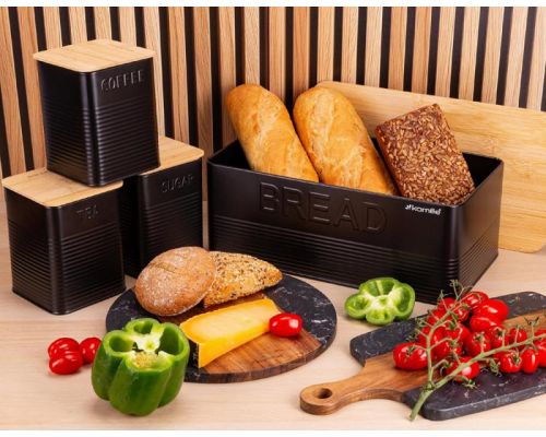 Хлібниця Kamille Black&Wood 36х22х20см з дерев'яною кришкою + 3 ємності для зберігання, чорна