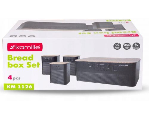 Хлібниця Kamille Black&Wood 36х22х20см з дерев'яною кришкою + 3 ємності для зберігання, чорна