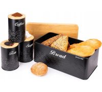 Хлібниця Kamille Black&Wood 36х22х20см з дерев'яною кришкою + 3 ємності для зберігання, чорні