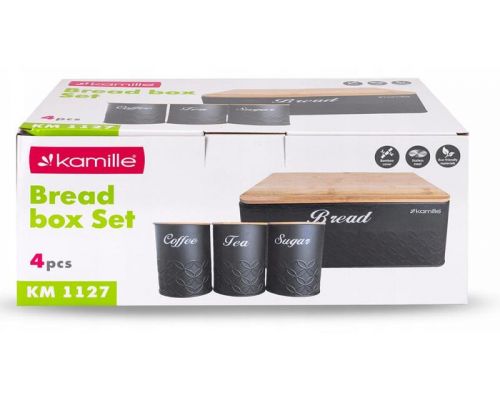 Хлібниця Kamille Black&Wood 36х22х20см з дерев'яною кришкою + 3 ємності для зберігання, чорні