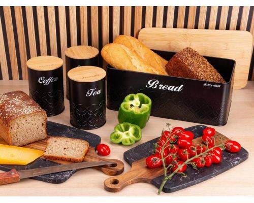 Хлібниця Kamille Black&Wood 36х22х20см з дерев'яною кришкою + 3 ємності для зберігання, чорні