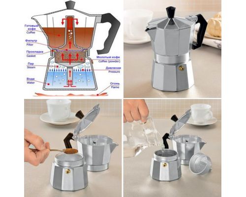 Гейзерная кофеварка Empire Stainless Steel 300мл на 6 чашек Гейзерная кофеварка Empire Stainless Steel 300мл на 6 чашек