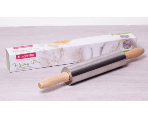 Скалка Kamille 38см из нержавеющей стали с деревянными ручками Скалка Kamille 38см из нержавеющей стали с деревянными ручками