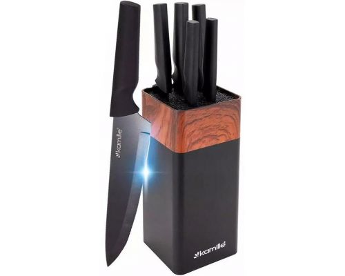 Набор 5 кухонных ножей Kamille Acacia Black с подставкой-колодой