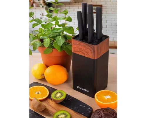 Набор 5 кухонных ножей Kamille Acacia Black с подставкой-колодой