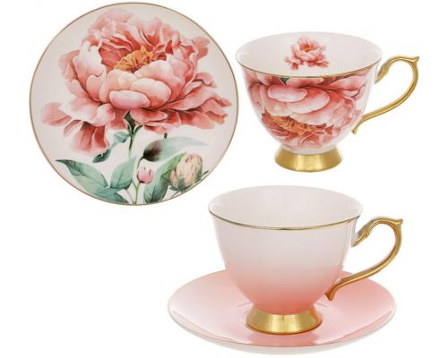 Чайно-кофейный фарфоровый набор "Pink Peony" 6 чашек 200мл и 6 блюдец