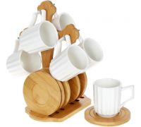 Набор 6 кружек Nouvelle Home Naturel 160мл с бамбуковыми блюдцами (костерами) на стойке, 26см