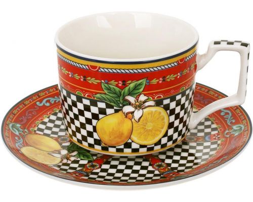 Чашка с блюдцем фарфоровые Sicilia "Limoni" (Лимоны) 220мл, в подарочной коробке