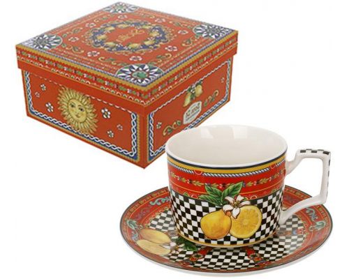Чашка с блюдцем фарфоровые Sicilia "Limoni" (Лимоны) 220мл, в подарочной коробке