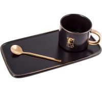 Кофейный набор Coffee Prelude "Bona" 200мл с тарелкой и ложкой, чёрный