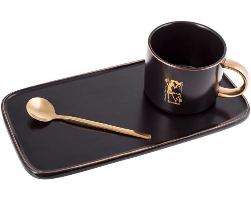 Кофейный набор Coffee Prelude "Bona" 200мл с тарелкой и ложкой, чёрный Кофейный набор Coffee Prelude "Bona" 200мл с тарелкой и ложкой, чёрный