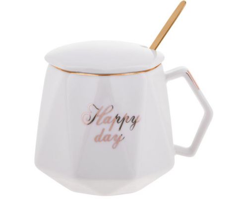 Кружка фарфоровая Coffee Prelude "Happy Day" 420мл с крышкой и ложкой, белая