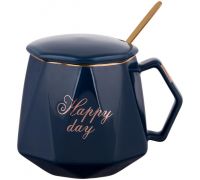 Кружка фарфоровая Coffee Prelude "Happy Day" 420мл с крышкой и ложкой, синяя