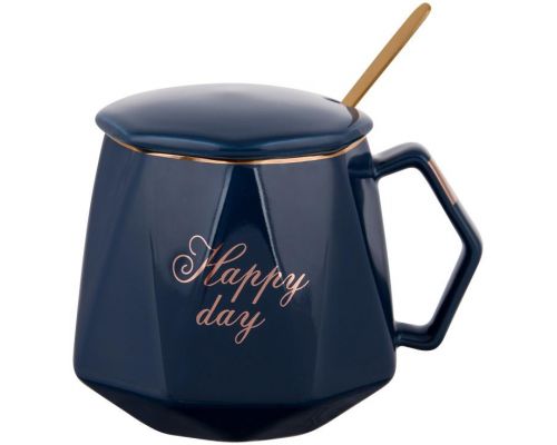 Кружка фарфоровая Coffee Prelude "Happy Day" 420мл с крышкой и ложкой, синяя Кружка фарфоровая Coffee Prelude "Happy Day" 420мл с крышкой и ложкой, синяя