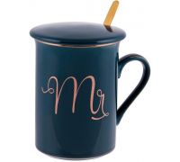 Кружка фарфоровая Coffee Prelude "Mr" 380мл с крышкой и ложкой, синяя