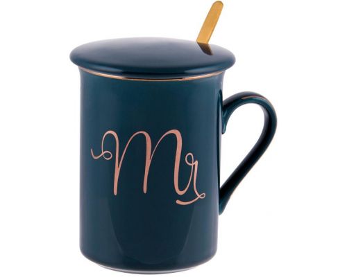 Кружка фарфоровая Coffee Prelude "Mr" 380мл с крышкой и ложкой, синяя Кружка фарфоровая Coffee Prelude "Mr" 380мл с крышкой и ложкой, синяя