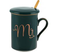 Кружка фарфоровая Coffee Prelude "Mr" 380мл с крышкой и ложкой, зеленая