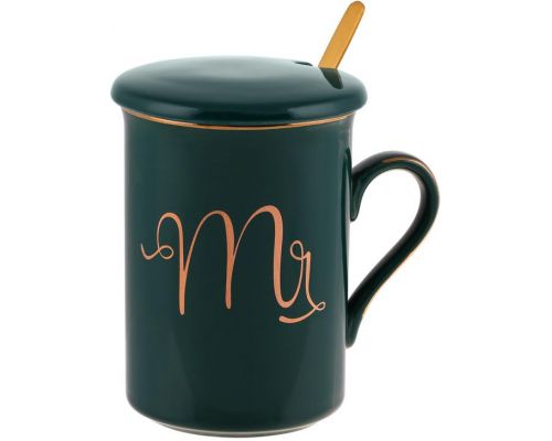 Кружка фарфоровая Coffee Prelude "Mr" 380мл с крышкой и ложкой, зеленая Кружка фарфоровая Coffee Prelude "Mr" 380мл с крышкой и ложкой, зеленая